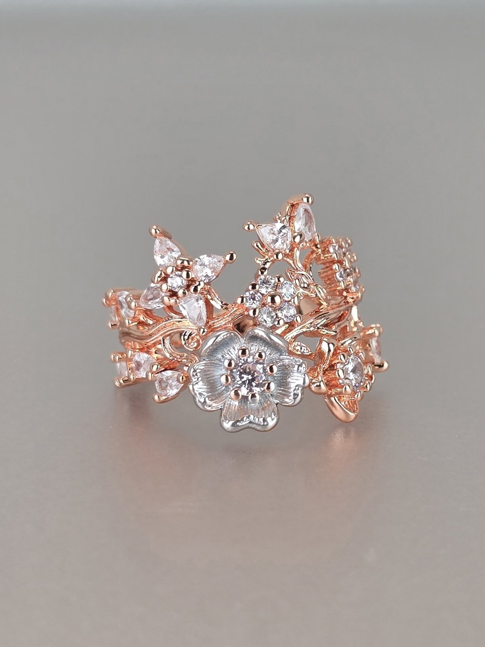 Rose Gold Floral Crystal Statement Ring